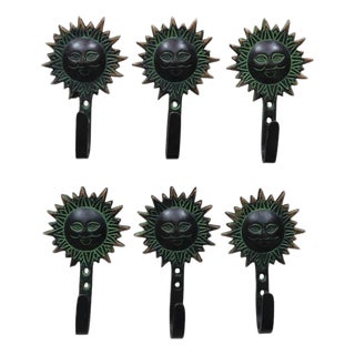 Bohemian Sun Green Brass Wall Hooks - Set of 6 For Sale