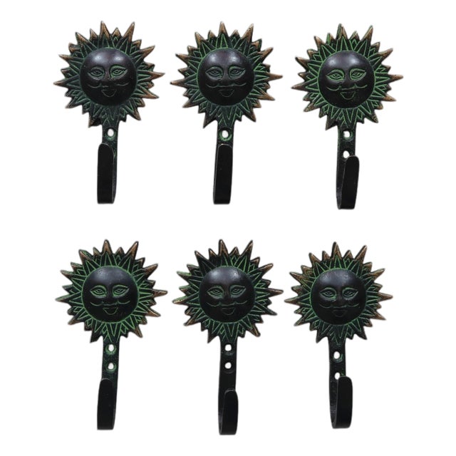 Bohemian Sun Green Brass Wall Hooks - Set of 6 For Sale