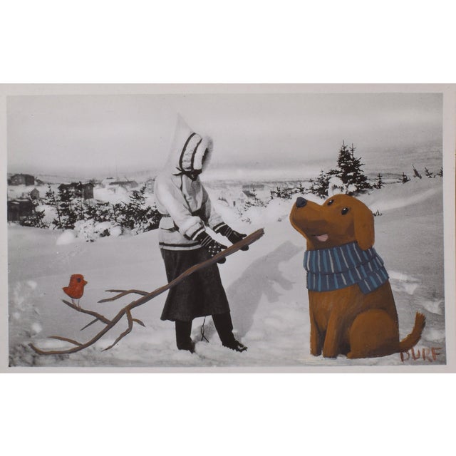 A Generous Offering by Nathan Durfee | Acrylic on vintage postcard of a woman with a dog in snow For Sale