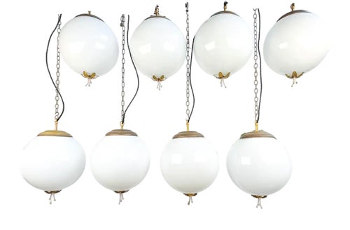 Mid-Century Opaline Globe Pendant with Floral Brass Finial