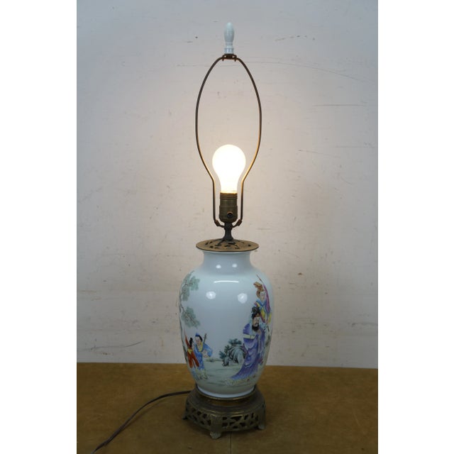 Chinese Famille Porcelain Ginger Jar Mantel Vase Urn Scholar Warrior Lamp 29" For Sale - Image 4 of 16