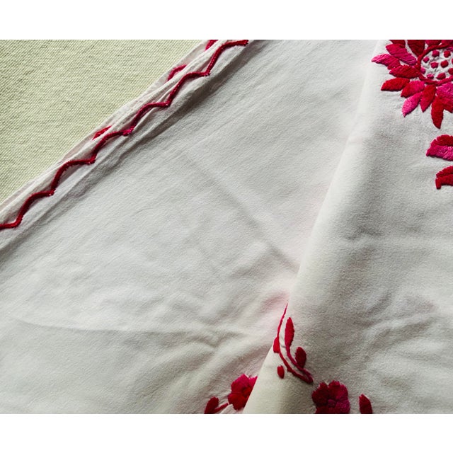 1960s Magenta Hand-Embroidered Linen Tablecloth — Nantucket Estate — Sunflowers & Swag Garlands For Sale - Image 12 of 15