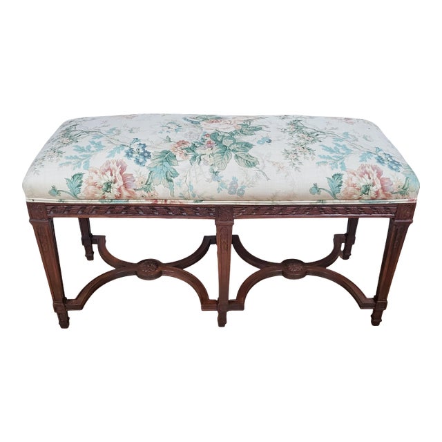 Antique French 19th C Louis XIV Style Carved Mahogany Large Window Bed Bench For Sale