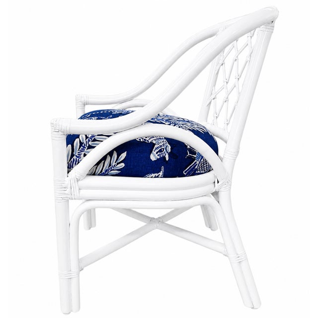 Wood Vintage Lacquered Diamond Rattan Arm Chairs in Thibaut Goa Fabric For Sale - Image 7 of 9