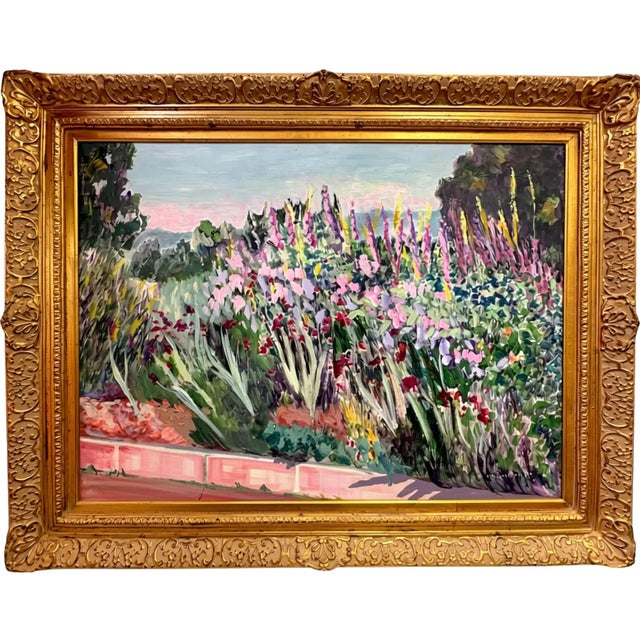 Large Impressionist Garden Landscape Oil Painting in Ornate Gilt Frame by P. M. Overton For Sale - Image 14 of 14