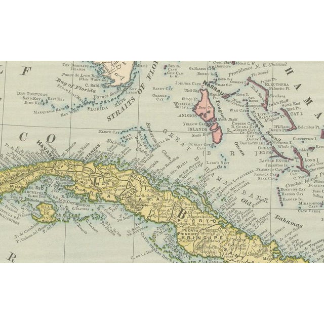Antique Map of the West Indies, with Cuba, Jamaica and Puerto Rico, 1899 For Sale - Image 4 of 11