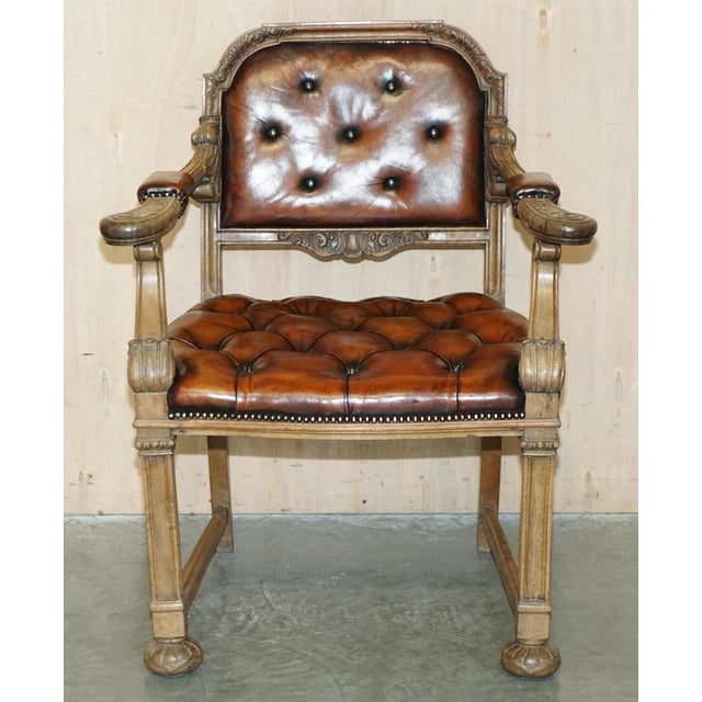 Antique William IV Chesterfield Oak & Brown Leather Desk Chair, 1830s For Sale - Image 3 of 18