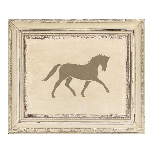 Contemporary Primitive Horse Painting in Distressed Cream Frame For Sale