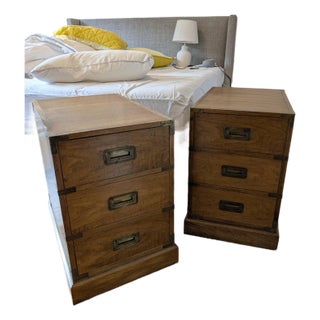 Pair of 1960s Milling Road for Baker Campaign Nightstands (Brass Pulls) For Sale