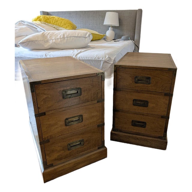 Pair of 1960s Milling Road for Baker Campaign Nightstands (Brass Pulls) For Sale