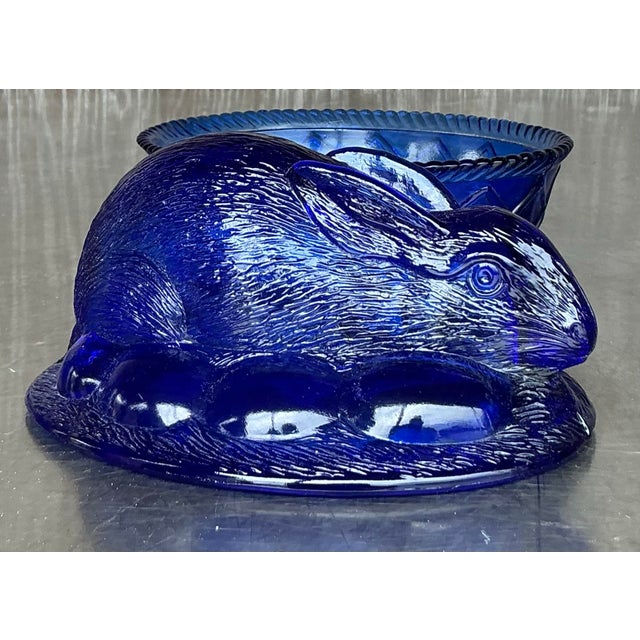 Blue Vintage Boho Pressed Glass Rabbit Lidded Trinket Dish For Sale - Image 8 of 8