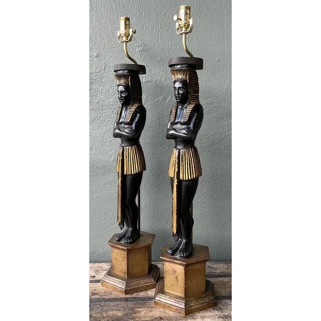 Vintage Monumental Ebonized Pharaoh Table Lamps - A Pair For Sale - Image 10 of 12