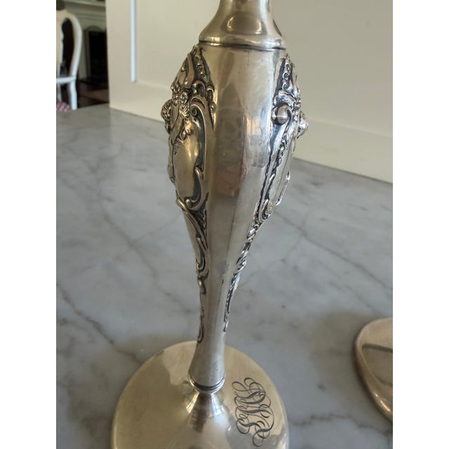 Art Nouveau Circa 1900 Silver Candle Holders PAIR, by Mauser Manufacturing, NY (1887-1903). Scalloped Bobeche with...