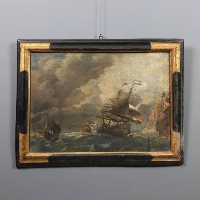 Dutch School, Stormy Sea with Sailing Ships, 18th Century, Oil on Canvas, Framed For Sale - Image 11 of 11