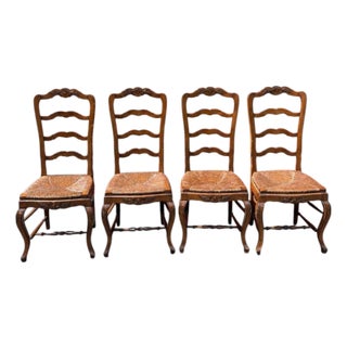 1970s Vintage French Country Set of 4 Dining Chairs With Rush Seats For Sale