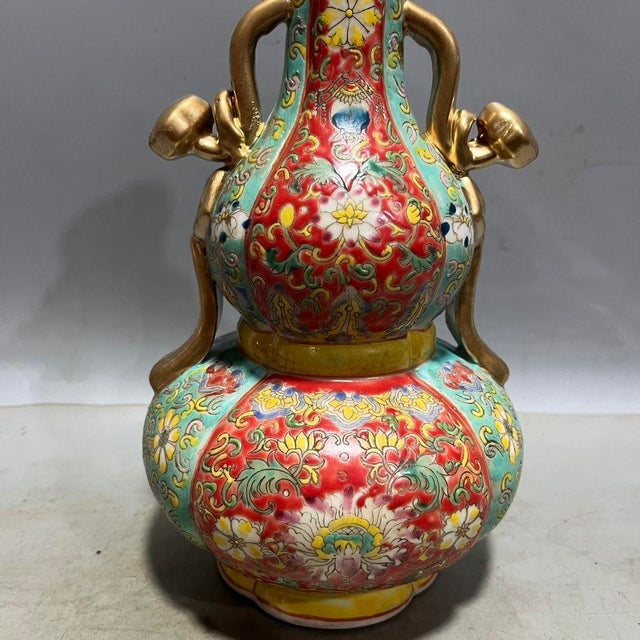Ceramic Famille Rose Gilded Double Gourd Vase With Ruyi Handles, Chinoiserie Decor Vessel For Sale - Image 7 of 8