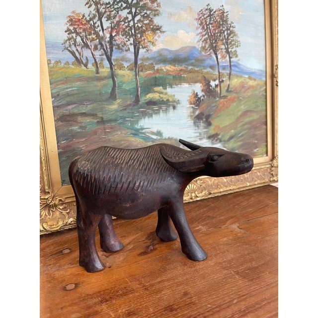 Vintage Hand-Carved Wooden Water Buffalo Sculpture With Textured Detailing. For Sale In Seattle - Image 6 of 8