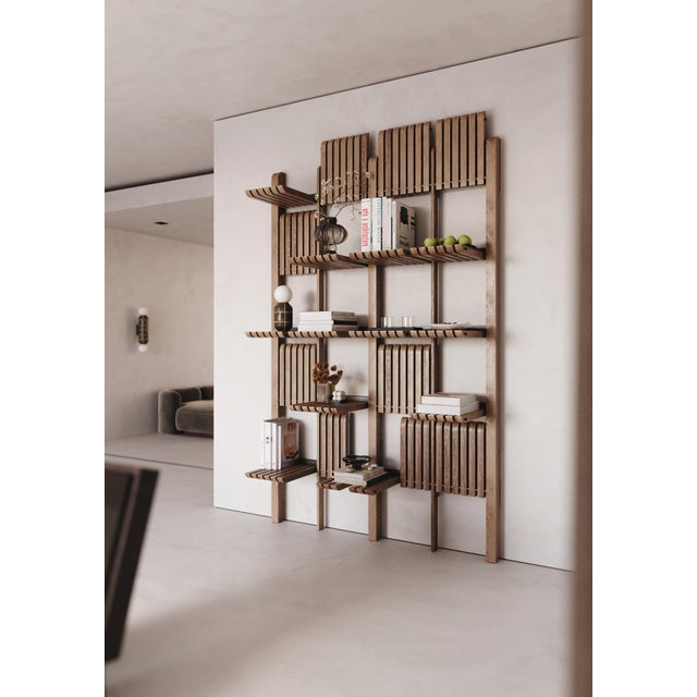 Modern Shelving System Handcrafted Honey Stained Wood on the Steel Frame Modular Shelves 500 Mm For Sale - Image 6 of 16
