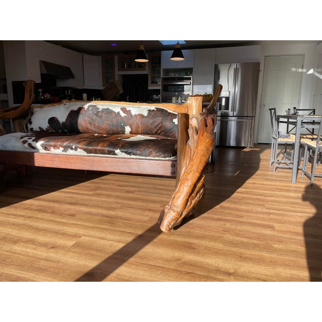 Wood Rustic Live-Edge Handmade Sofa, Genuine Cowhide Upholstery For Sale - Image 7 of 9