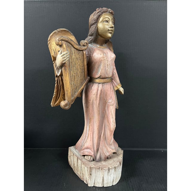 Late 20th Century Vintage Hand Carved Wooden Stnading Angel Playing Lyre Instrument Sculpture For Sale - Image 5 of 8