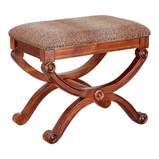20th C. Regency Style Curule Bench With Animal Print Upholstery and Nailhead Trim For Sale