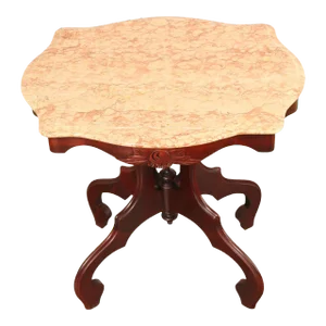 Mid 20th Century Victorian Style Italian Marble Top Carved Mahogany Side Table