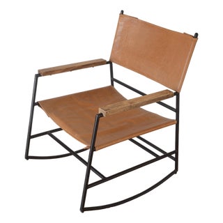 Mid Century Modern Style Metal and Leather Rocking Chair For Sale