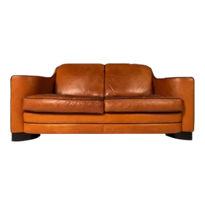 Art Deco Mid-Century Modern Loveseat Sofa With Sculptural Arms in Patinated Leather, Usa, Century 1970s