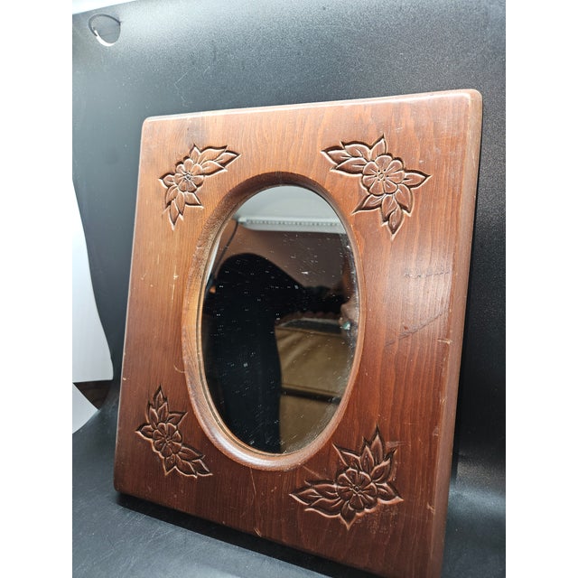 Mid-Century Modern Vintage, Unbranded, Floral Carved Wooden Accent Mirror For Sale - Image 3 of 3