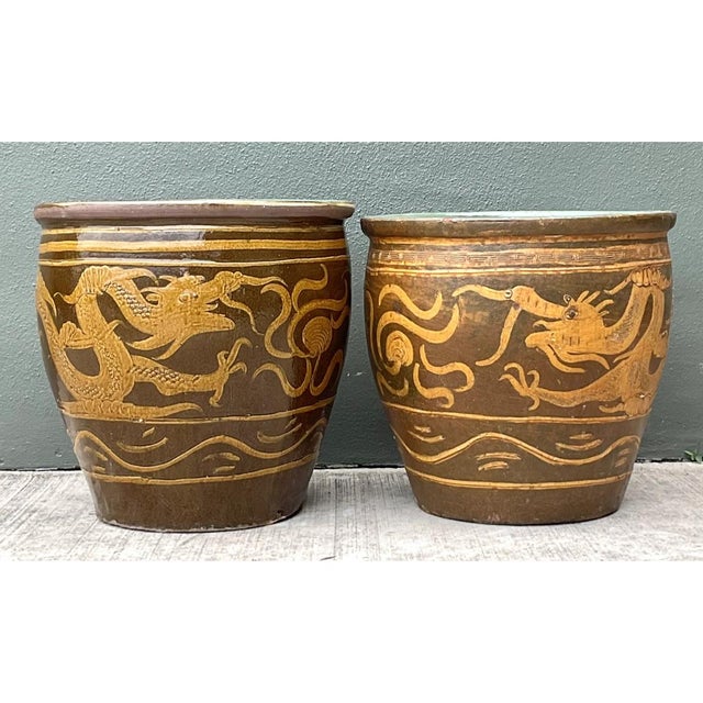 Ceramic Vintage Chinese Dragon Motif Ceramic Planters - Pair For Sale - Image 7 of 12