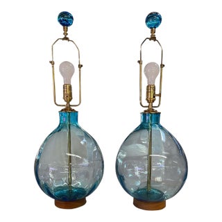 Pair of Arteriors Cerulean Blue Glass Tables Lamps For Sale
