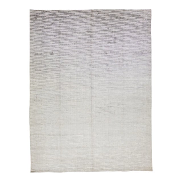 2010s Contemporary Handmade Wool & Silk Rug With Silver Gray Stripe Motif For Sale