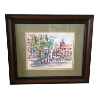 Engraving "Rue Du Tresor Quebec" by Claude Roy Signed Hand-Colored For Sale