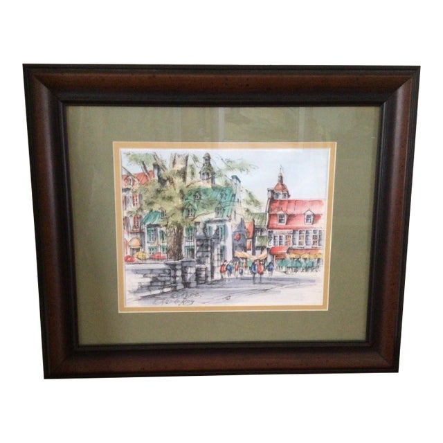 Engraving "Rue Du Tresor Quebec" by Claude Roy Signed Hand-Colored For Sale