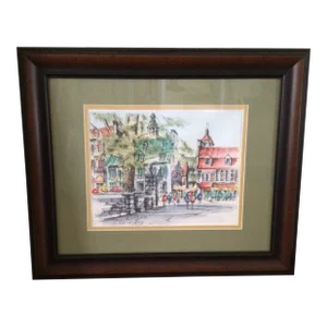 Signed Hand-Colored Engraving Rue Du Tresor Quebec by Claude Roy