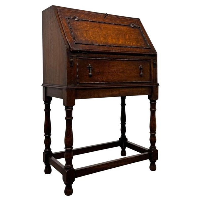Brown Antique Early 20th Century English Jacobean Oak Bureau For Sale - Image 8 of 14