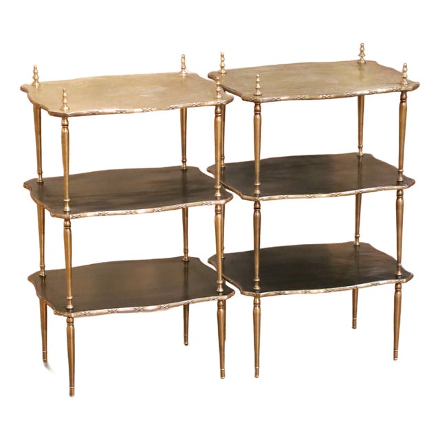Pair of Napoleon III French Brass and Black Lacquer Three-Tier Side Tables For Sale