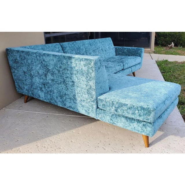 1990s Low Slung Style Sectional Tapered Legs Aqua Green Crushed Velvet Upholstery - Set of 2 For Sale - Image 4 of 12