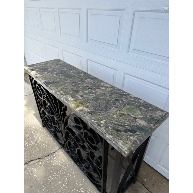 Traditional Vintage Mediterranean Wrought Iron Console Table With Stone Top For Sale - Image 3 of 16