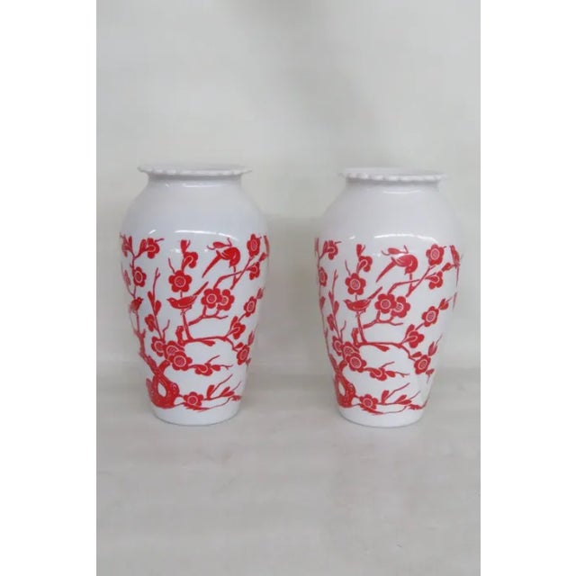 Anchor Hocking Red Birds Cherry Blossoms Milk Glass Vases a Pair For Sale - Image 11 of 11