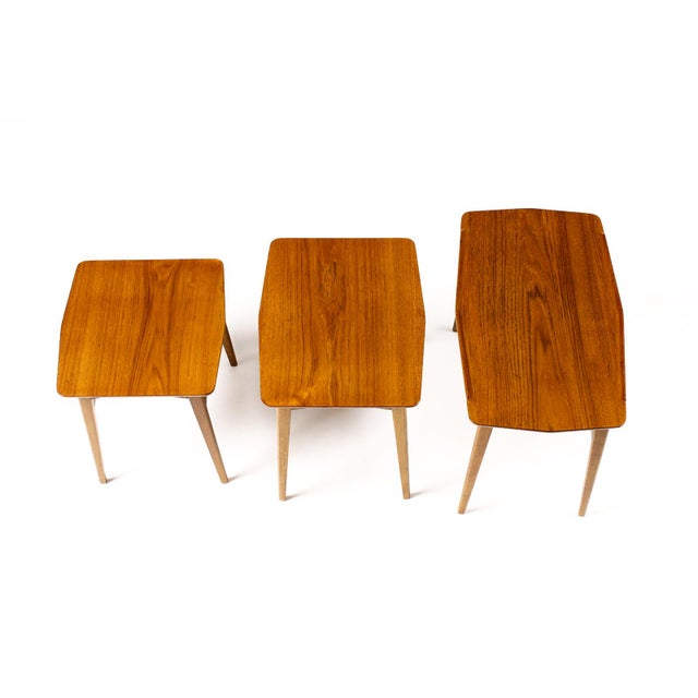 Danish Modern Mid Century Vintage Teak + Oak Nesting Tables — Set of Three — Attributed to Svend Aage Madsen For Sale - Image 12 of 15