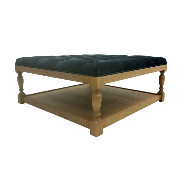 2020s Patrice Tufted Square Ottoman - Dark Teal Linen / Weathered Gray Frame For Sale - Image 5 of 5