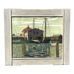 1940s Louis Thompson Rockport School Harbor Scene Oil Painting