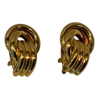 1990s Trifari Clip on Earrings Gold Tone Double Knot Adjustable Classic, A Pair For Sale