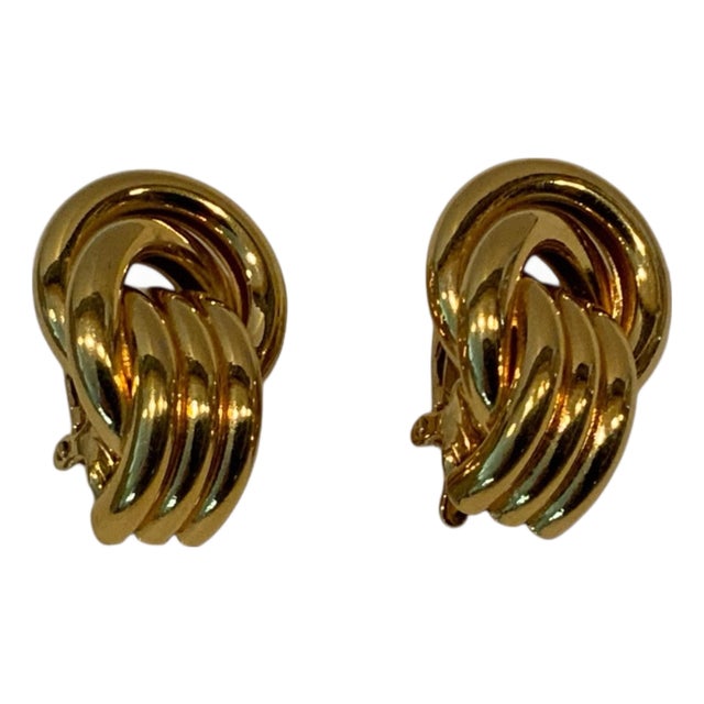 1990s Trifari Clip on Earrings Gold Tone Double Knot Adjustable Classic, A Pair For Sale