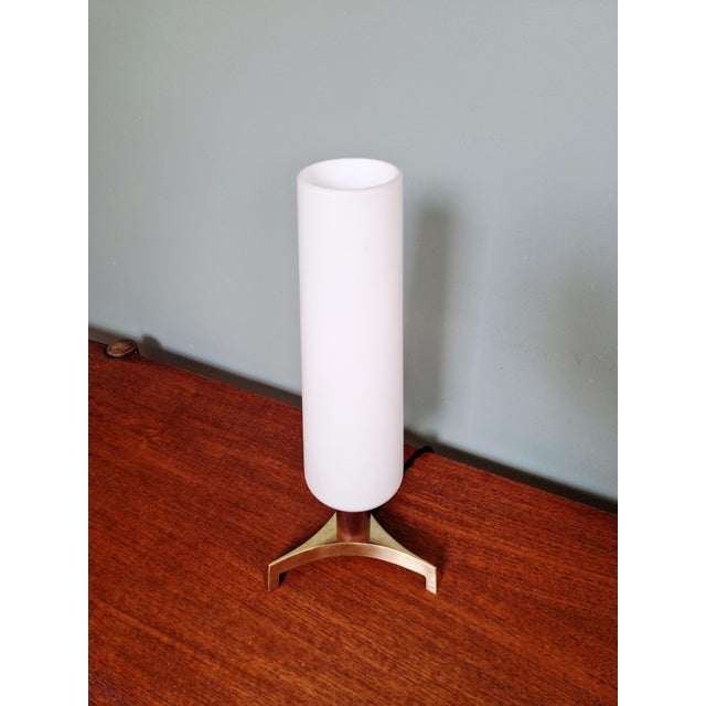 Scandinavian Tripod Table Lamp in Brass, Teak and White Satin Opaline Glass, 1960 For Sale - Image 9 of 15