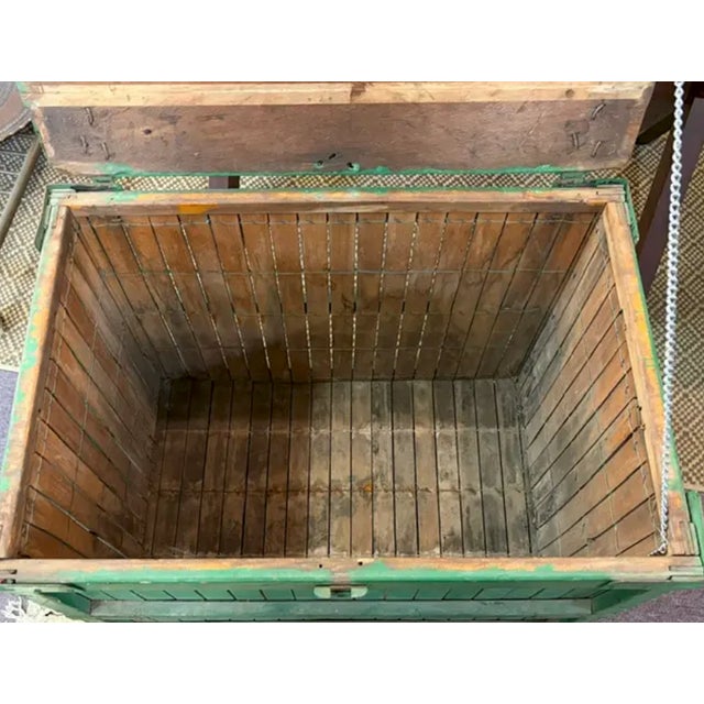 Wood Primitive Folk Art Green Painted Trunk or Hinged Storage Trunk, Chest or Side Table For Sale - Image 7 of 8