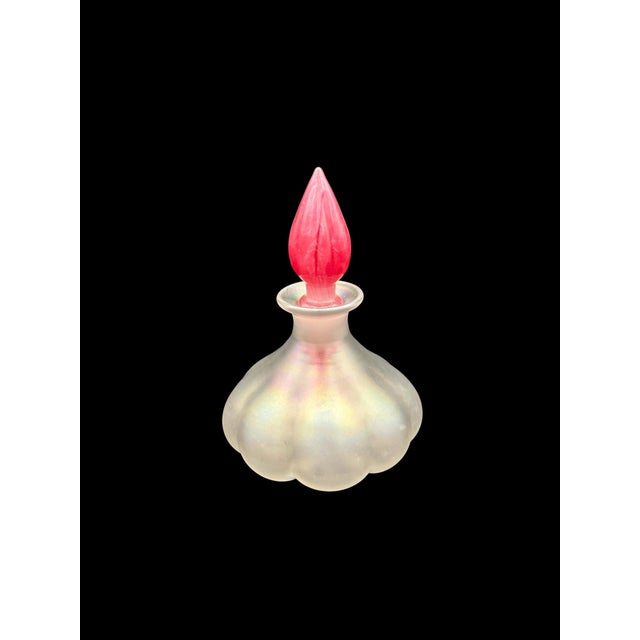 Glass Vintage Iridescent Art Glass Perfume Bottle With Red Sculptural Stopper For Sale - Image 7 of 8