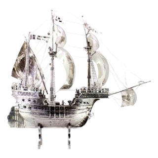 Large Silver Galleon with Applications, Sails, Masts, Ropes, Cannons and Anchors For Sale