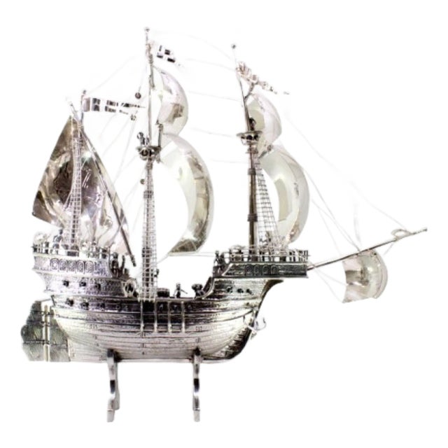 Large Silver Galleon with Applications, Sails, Masts, Ropes, Cannons and Anchors For Sale